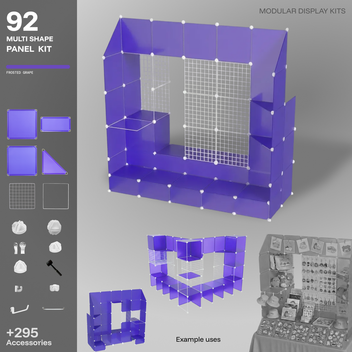 Artistbooths Frosted Grape Purple 92-panel modular booth assembled, with example layouts