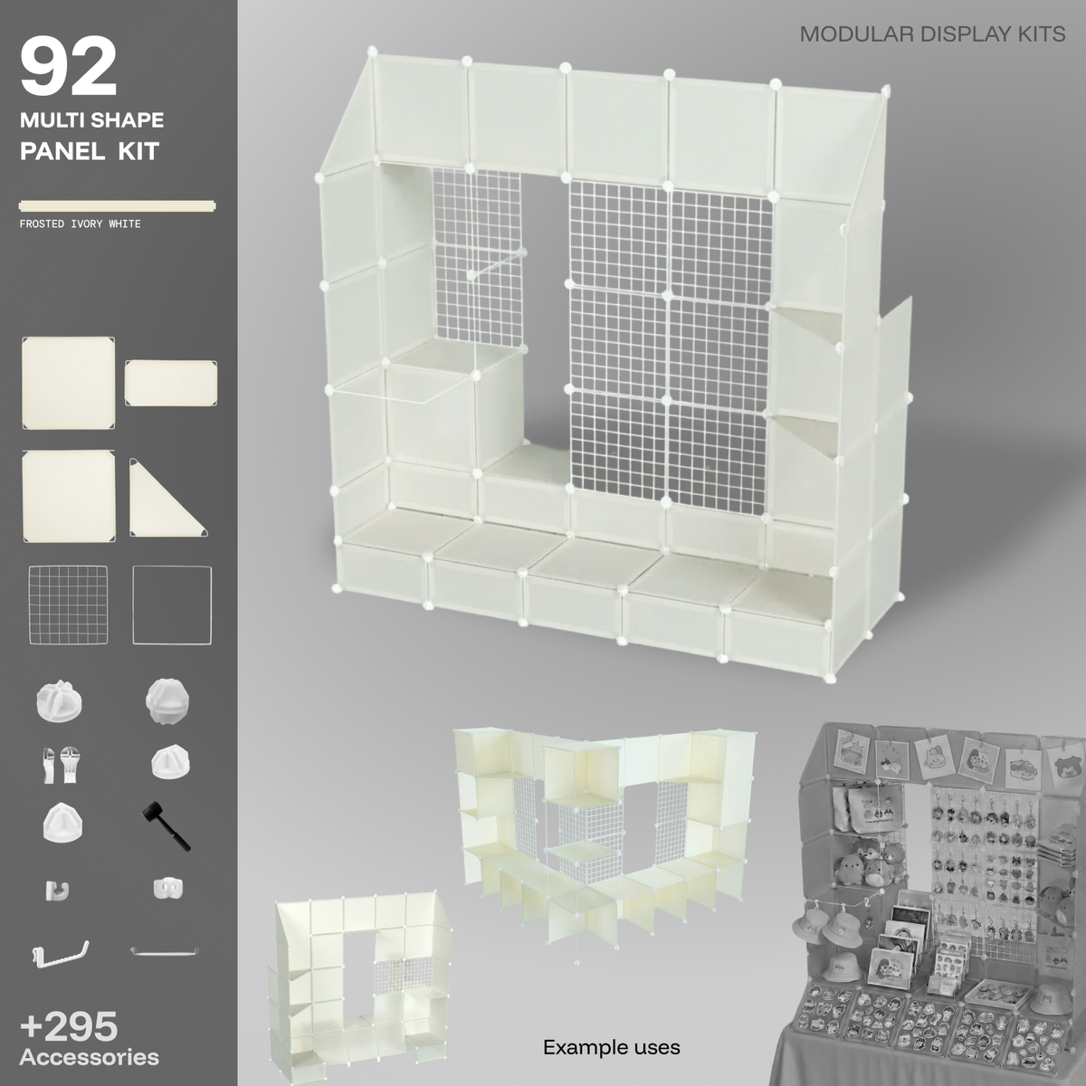 Artistbooths Frosted Ivory White 92-panel modular booth assembled, with example display layouts