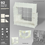 Artistbooths Frosted Ivory White 92-panel modular booth assembled, with example display layouts