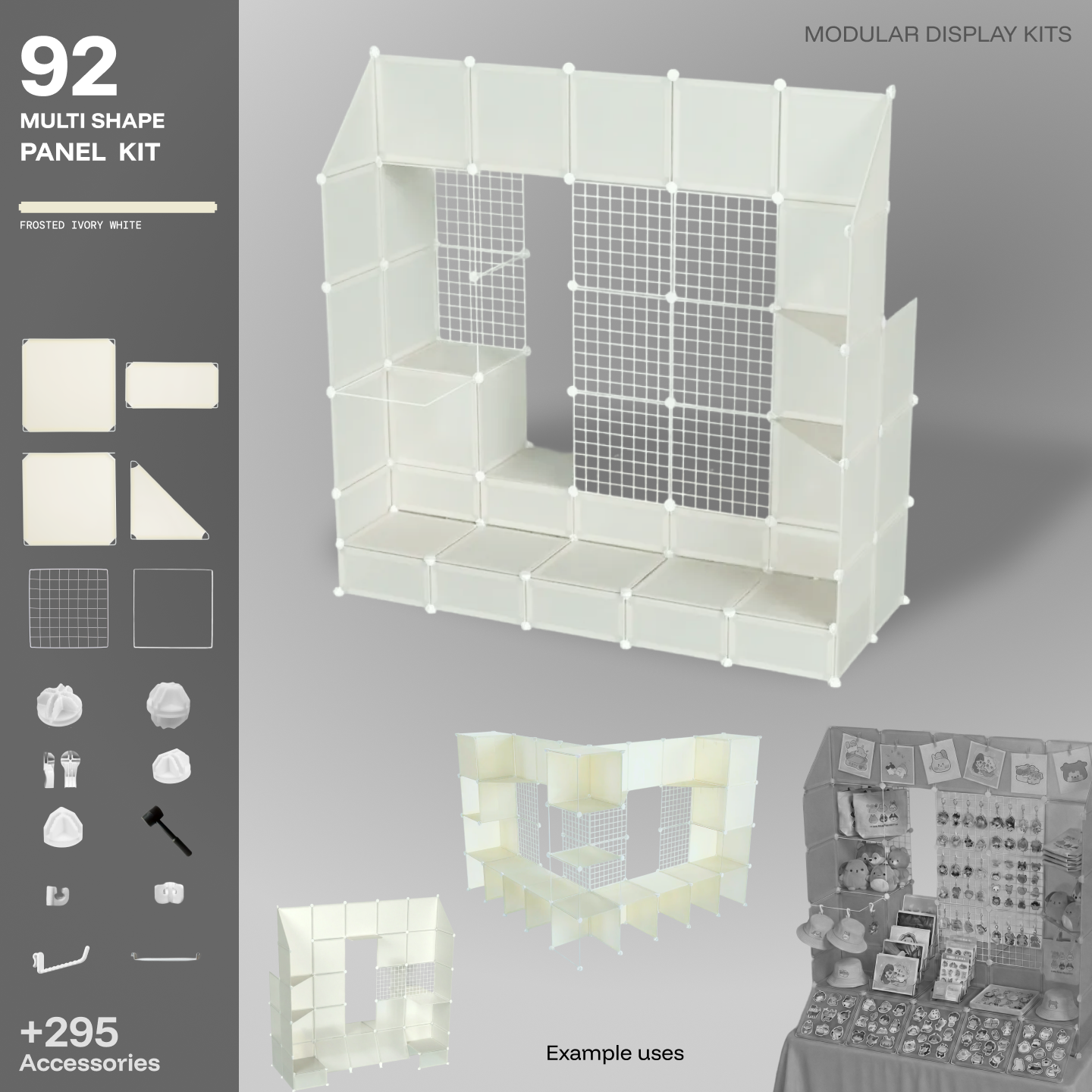 Artistbooths Frosted Ivory White 92-panel modular booth assembled, with example display layouts