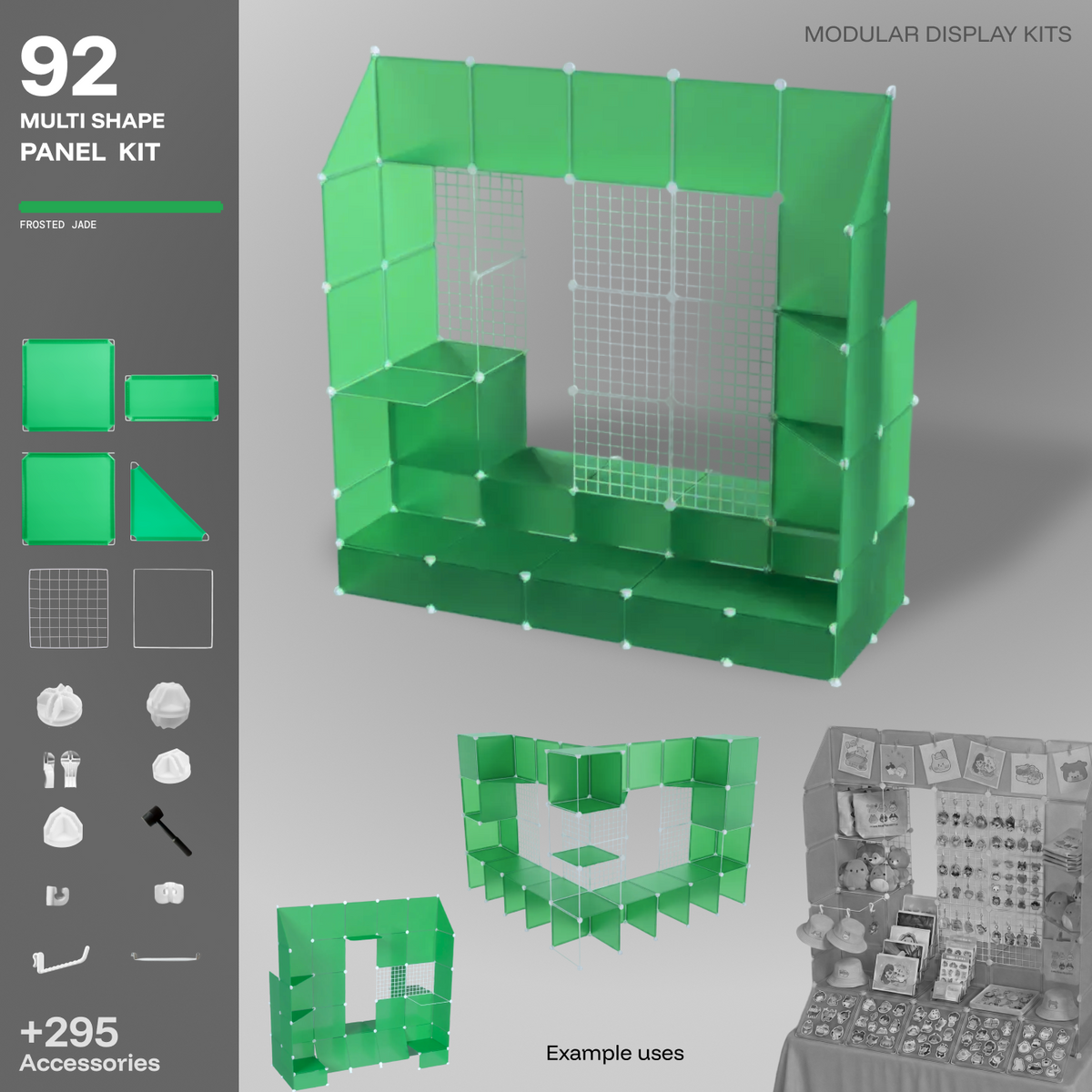 Artistbooths green 92-panel modular booth assembled, with example display layouts