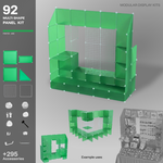 Artistbooths green 92-panel modular booth assembled, with example display layouts
