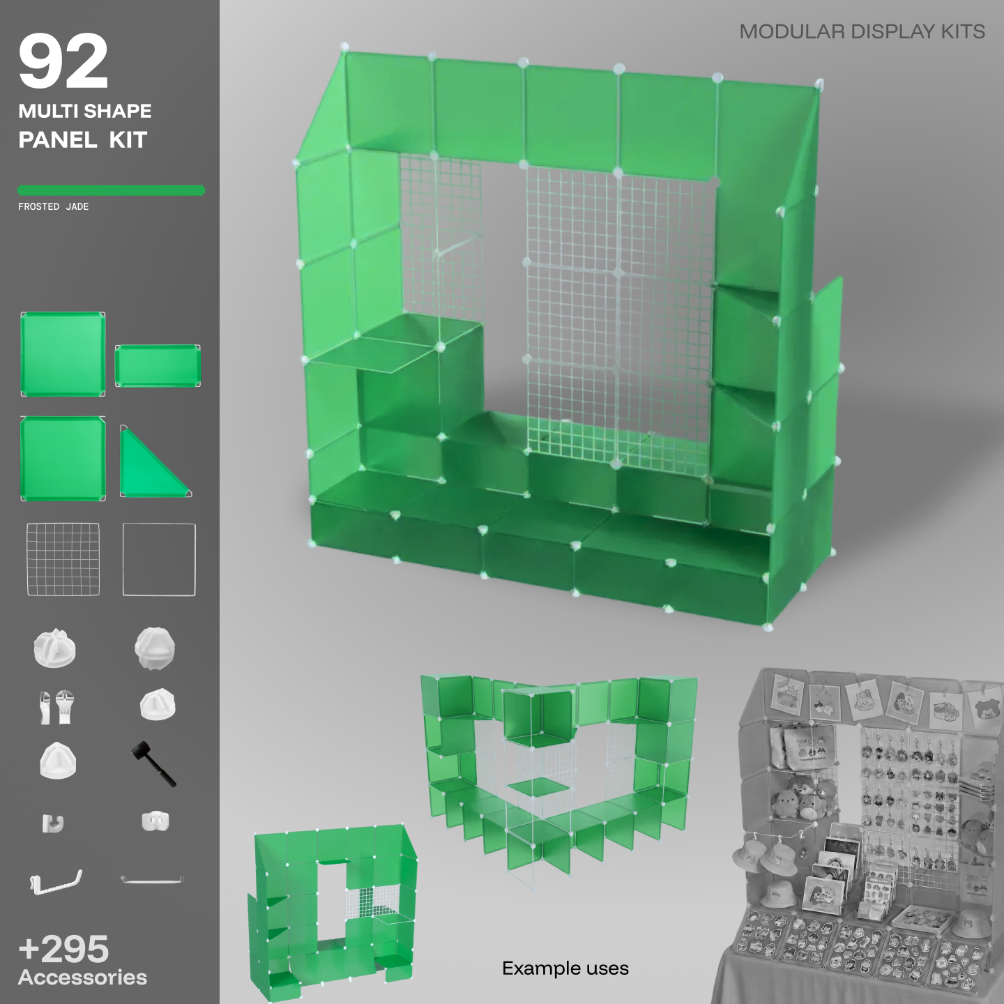Artistbooths green 92-panel modular booth assembled, with example display layouts