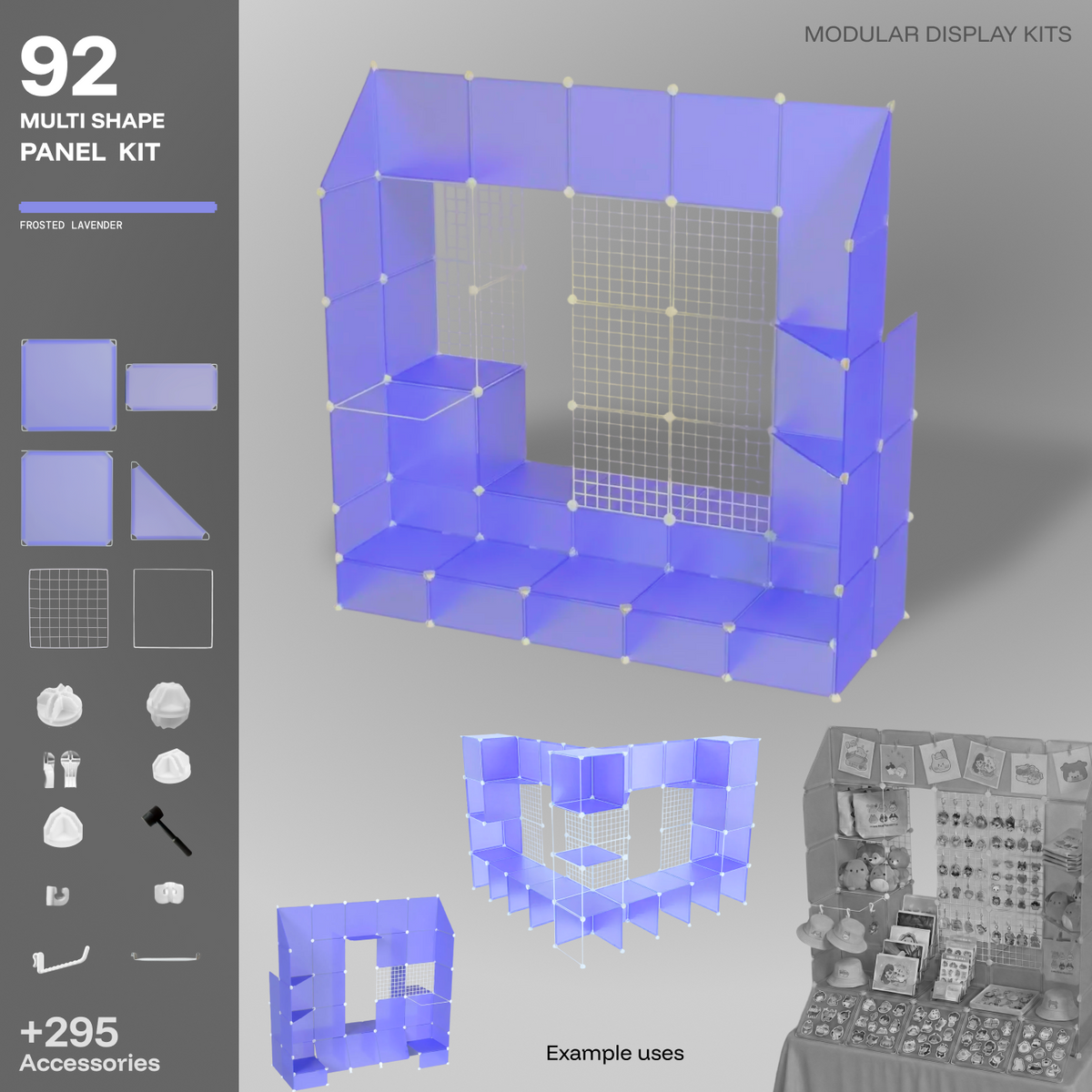 Artistbooths Frosted Lavender 92-panel modular booth assembled in 3D, with example display layouts