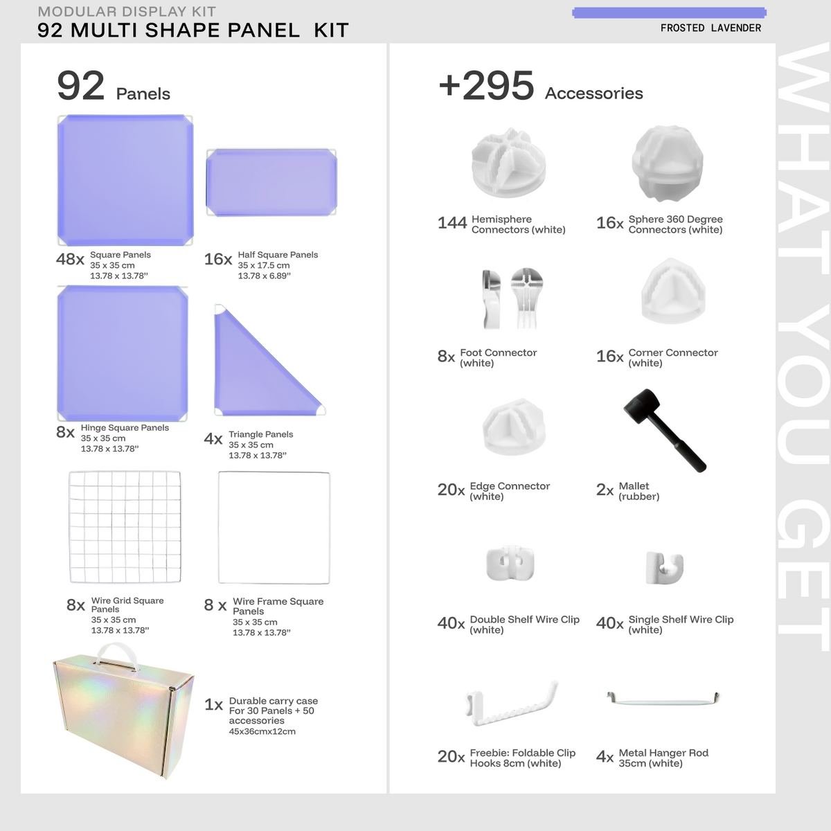 Artistbooths 92-panel modular kit contents in Frosted Lavender with panels, connectors, clips, hooks and mallet