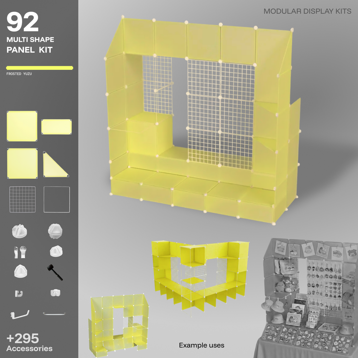 Artistbooths Frosted Yuzu 92-panel modular booth assembled, with example display layouts