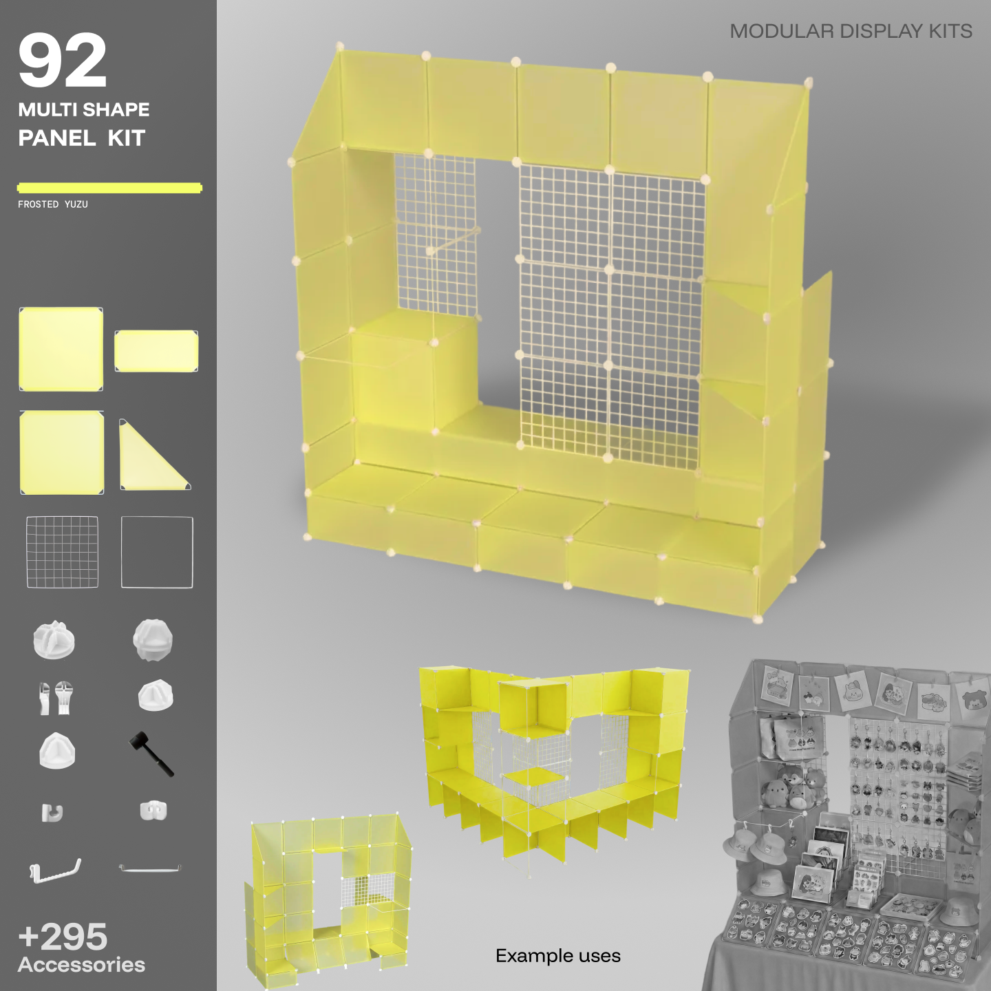 Artistbooths Frosted Yuzu 92-panel modular booth assembled, with example display layouts