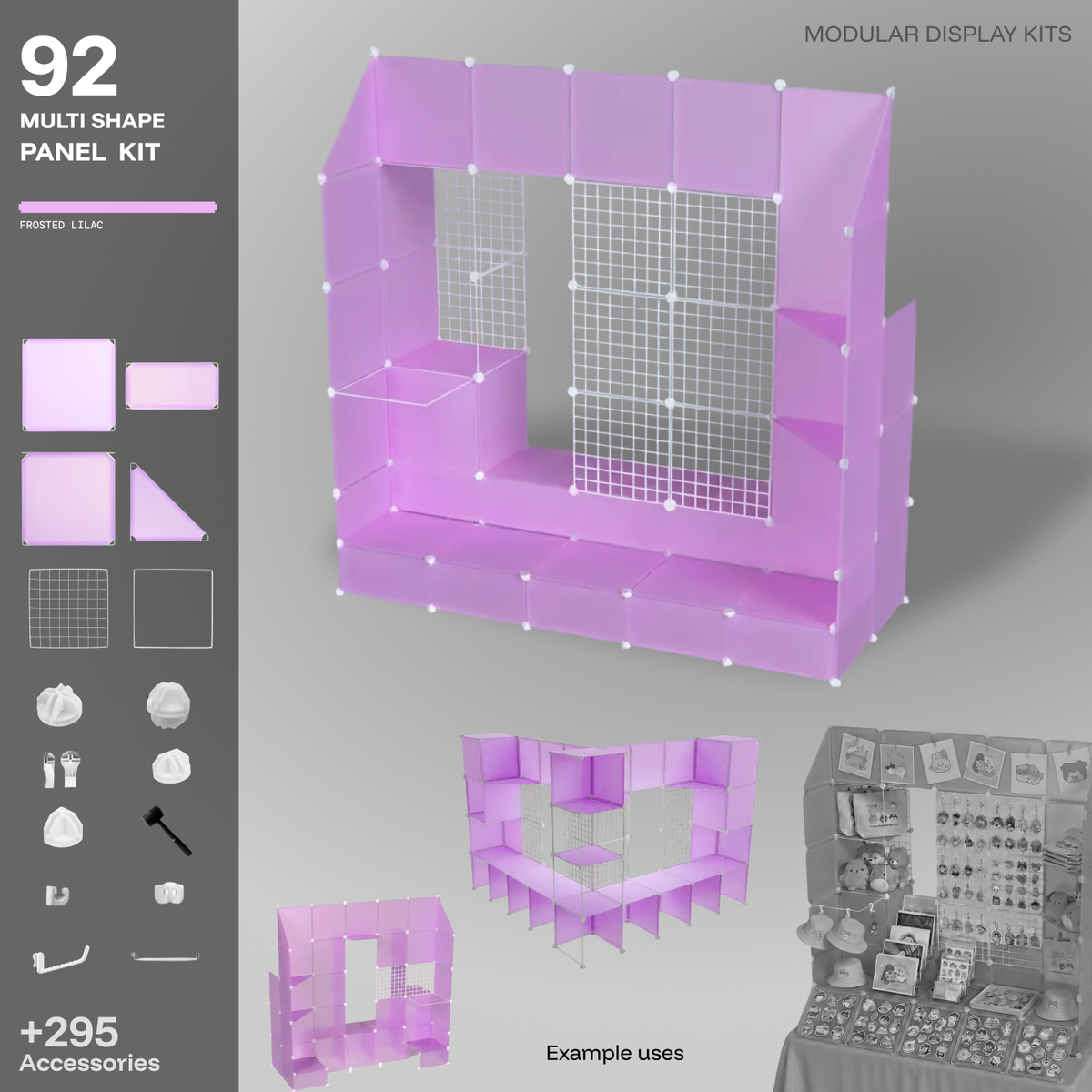 Artistbooths Frosted Lilac 92-panel modular booth assembled, with example display layouts