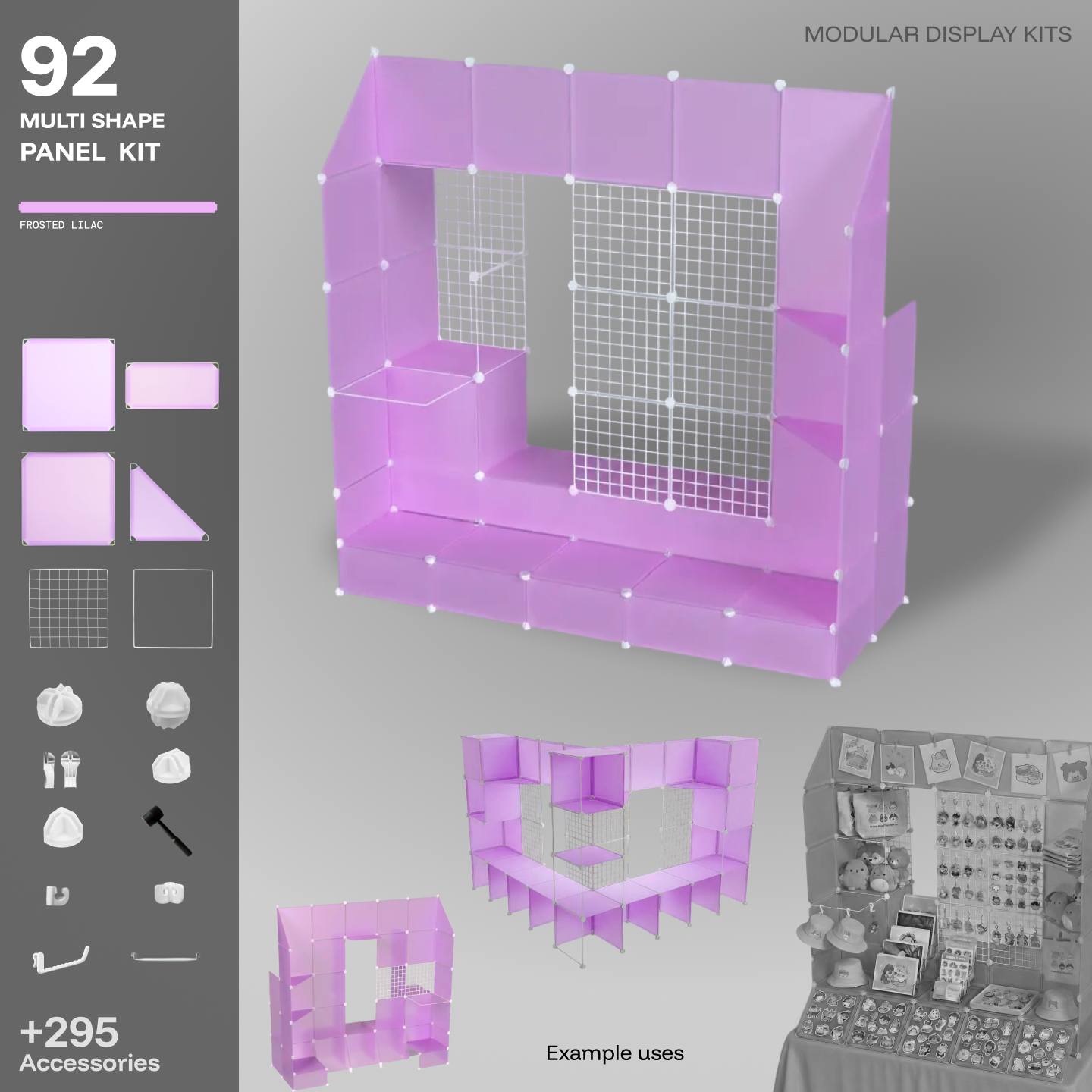 Artistbooths Frosted Lilac 92-panel modular booth assembled, with example display layouts
