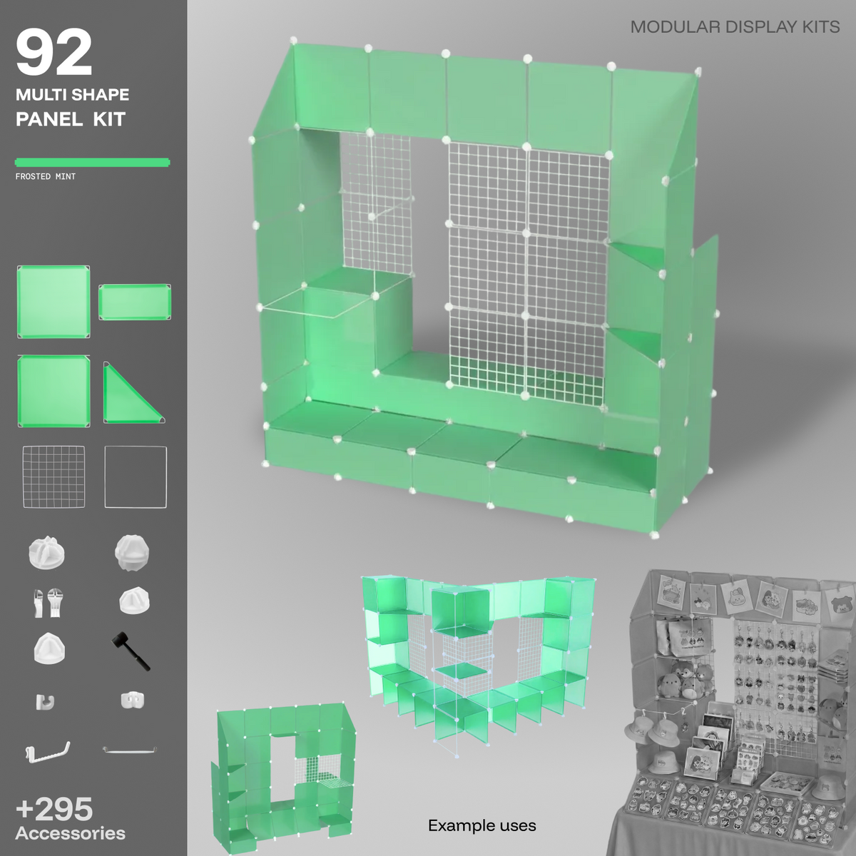 Artistbooths Frosted Mint Green 92-panel modular booth assembled, with example display layouts