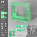 Artistbooths Frosted Mint Green 92-panel modular booth assembled, with example display layouts