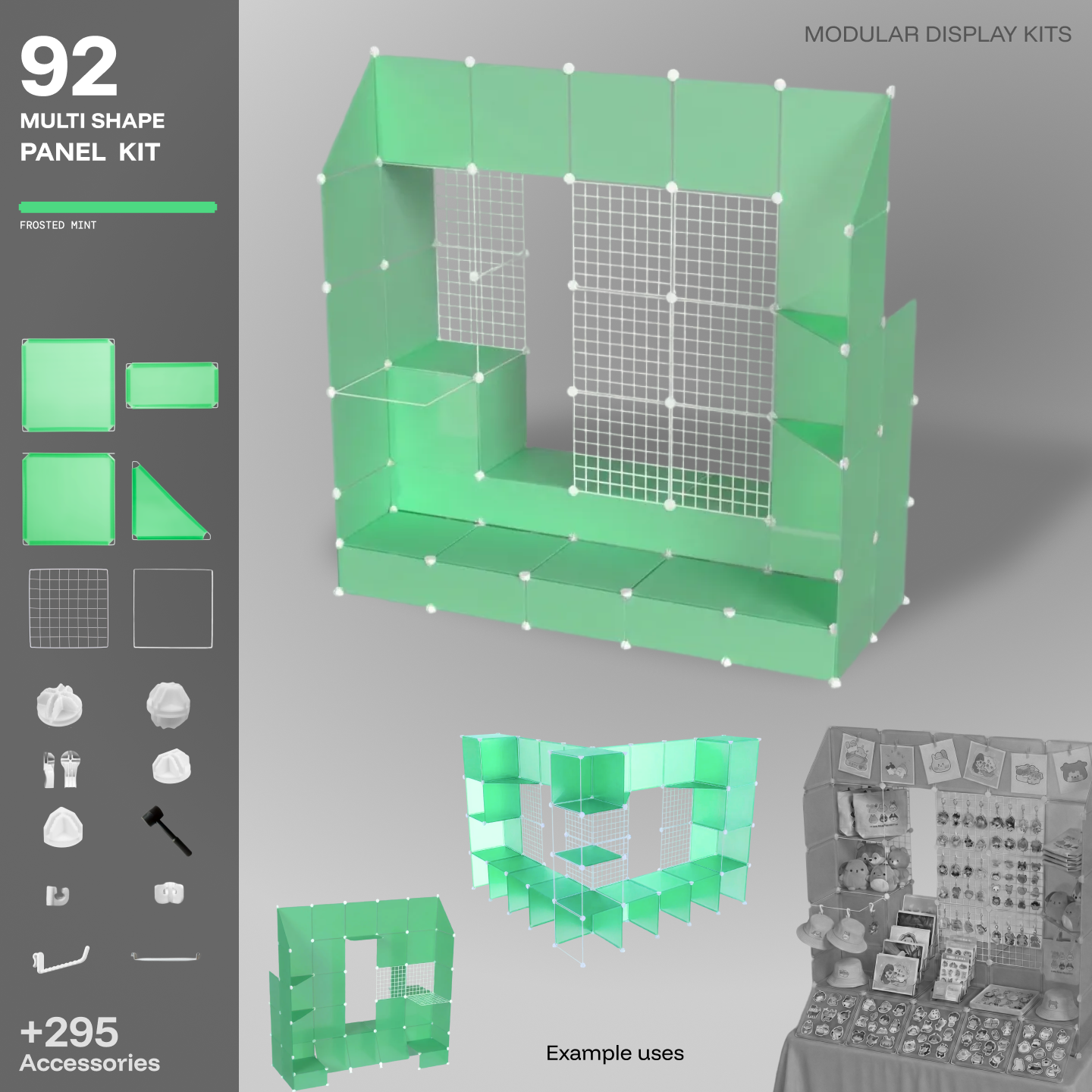 Artistbooths Frosted Mint Green 92-panel modular booth assembled, with example display layouts