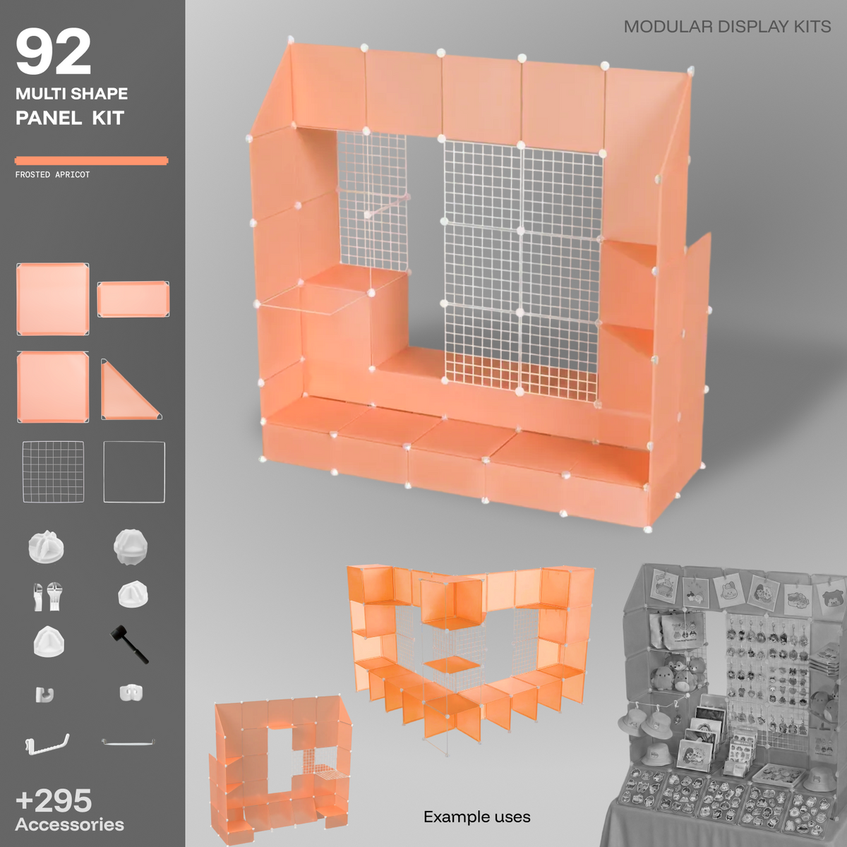 Artistbooths Frosted Apricot 92-panel modular booth assembled, with example display layouts