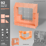Artistbooths Frosted Apricot 92-panel modular booth assembled, with example display layouts