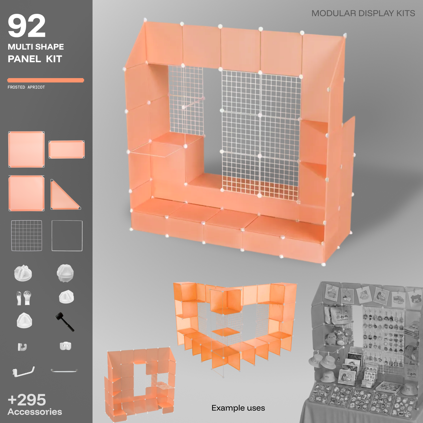 Artistbooths Frosted Apricot 92-panel modular booth assembled, with example display layouts
