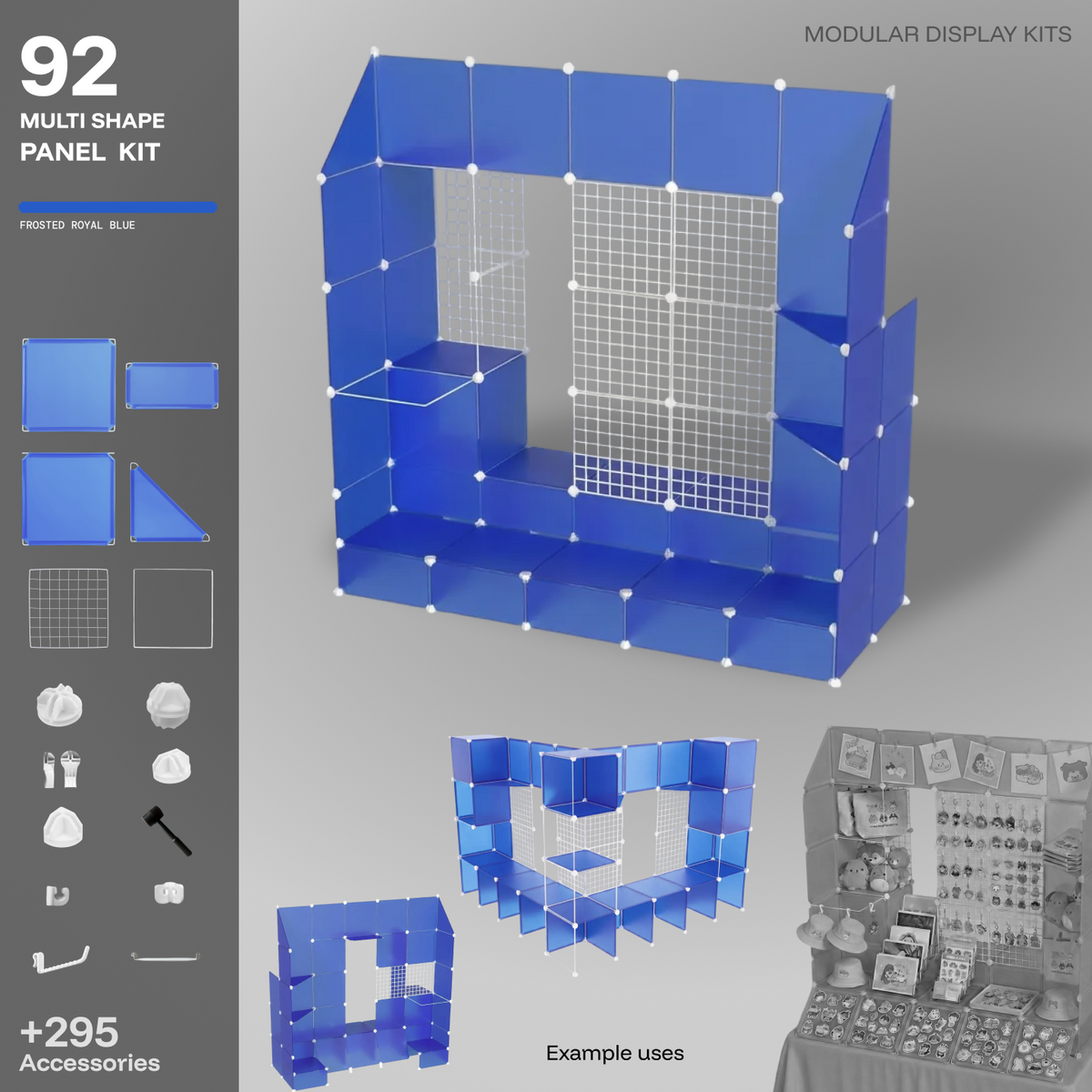 Artistbooths Frosted Royal Blue 92-panel modular booth assembled, with example display layouts