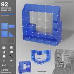 Artistbooths Frosted Royal Blue 92-panel modular booth assembled, with example display layouts