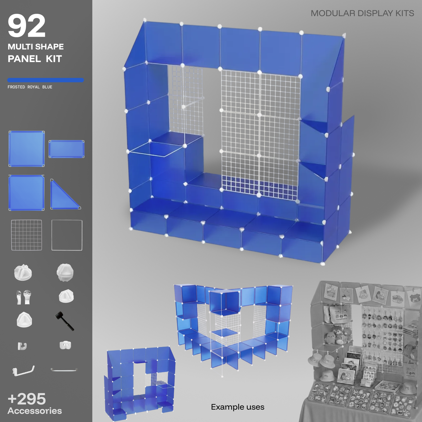 Artistbooths Frosted Royal Blue 92-panel modular booth assembled, with example display layouts