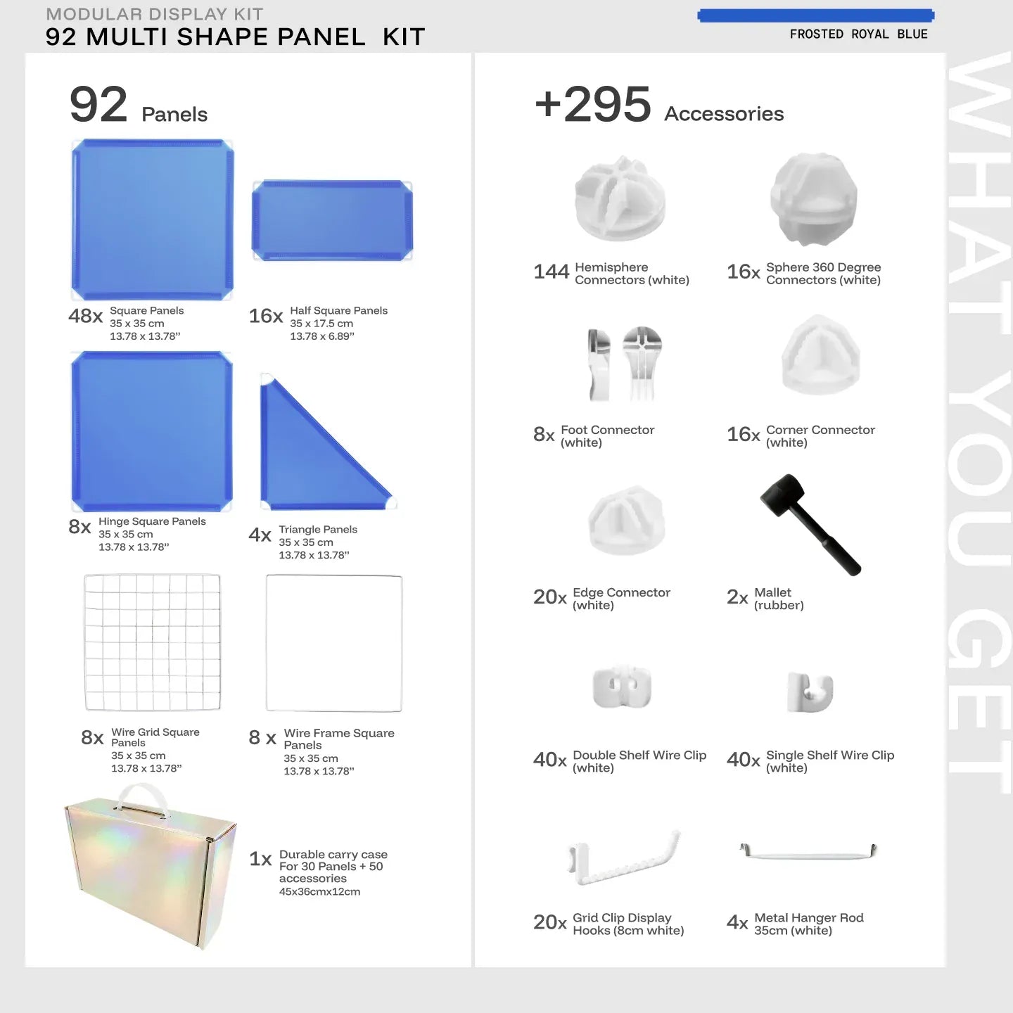 Frosted Royal Blue Shapeshift Max 92-panel kit — what's included: 92 multi-shape panels + 295 accessories