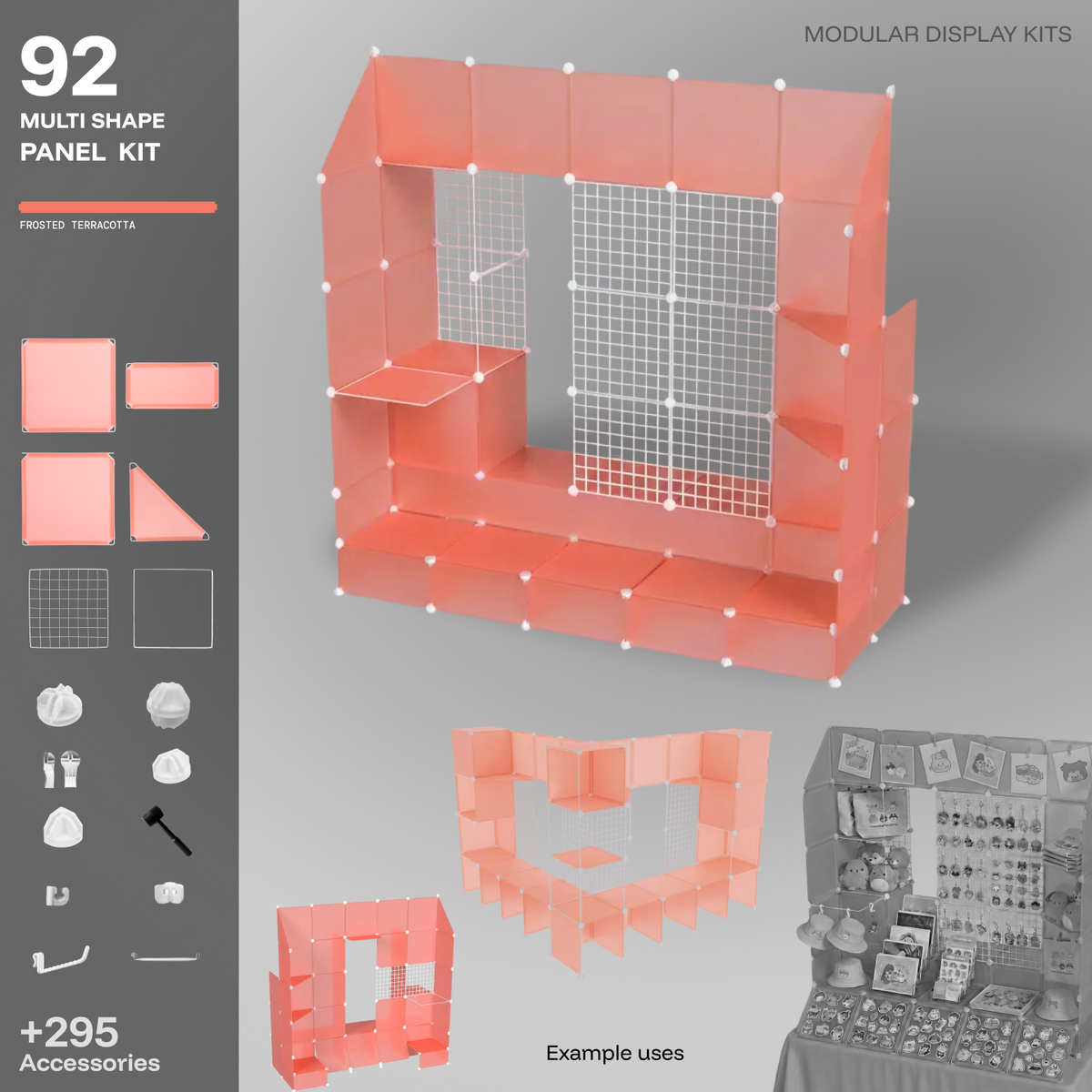 Artistbooths Frosted Terracotta 92-panel modular booth assembled, with example display layouts