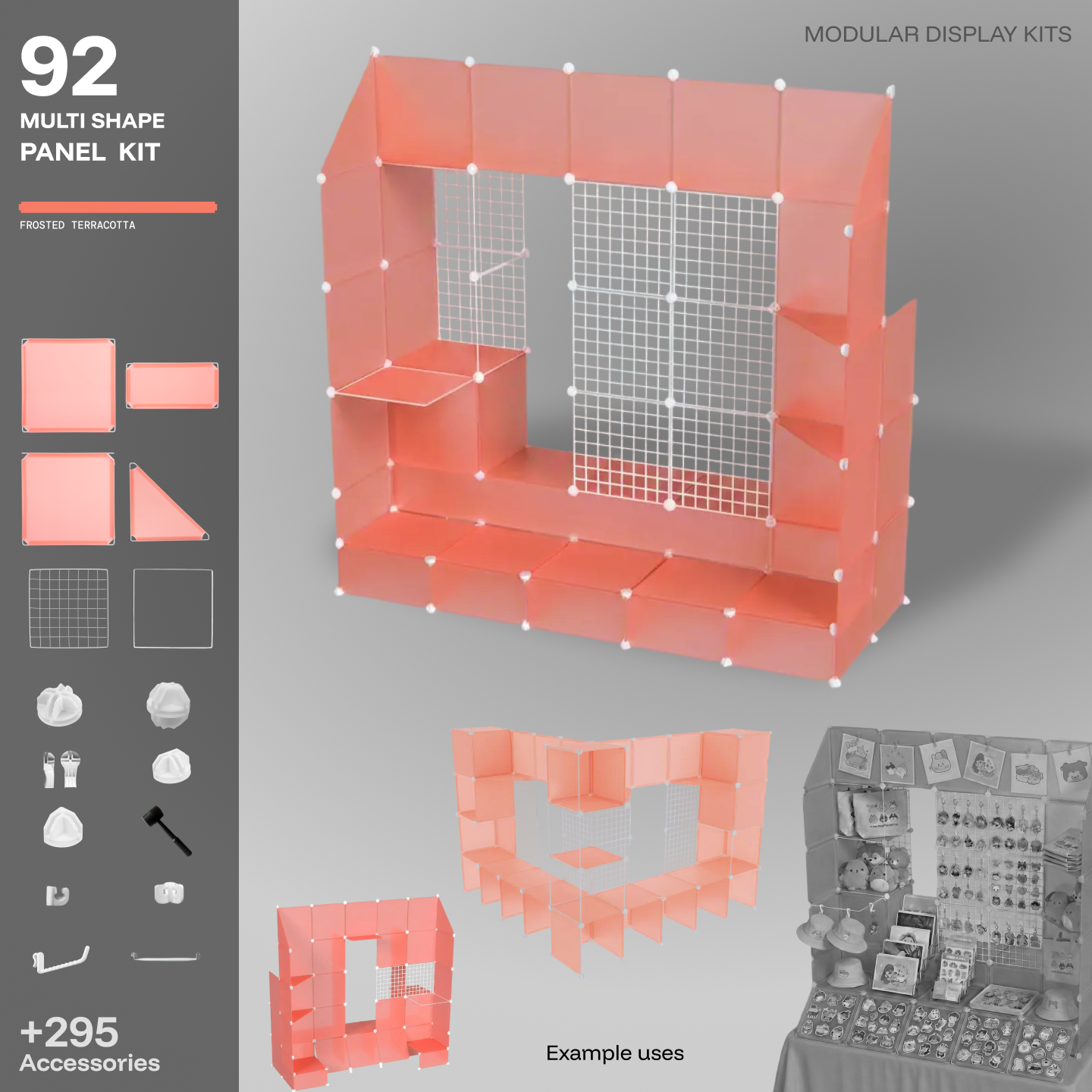 Artistbooths Frosted Terracotta 92-panel modular booth assembled, with example display layouts
