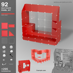 Artistbooths Frosted Scarlet Red 92-panel modular booth assembled in 3D, with example display layouts