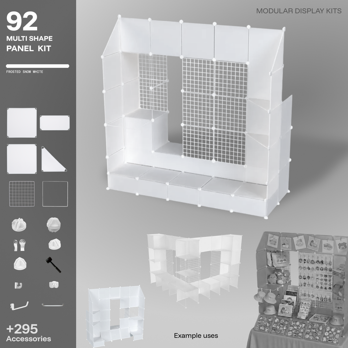 Artistbooths Frosted Snow White 92-panel modular booth assembled, with example display layouts