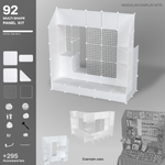 Artistbooths Frosted Snow White 92-panel modular booth assembled, with example display layouts