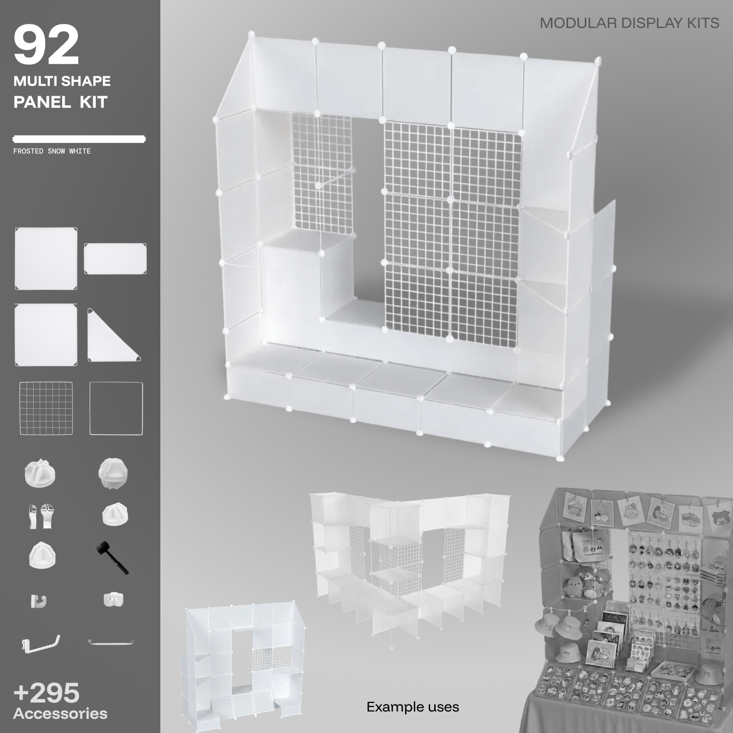 Artistbooths Frosted Snow White 92-panel modular booth assembled, with example display layouts