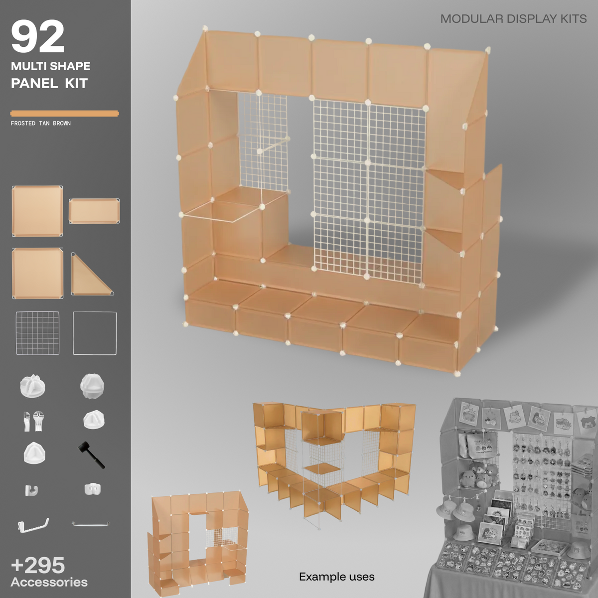 Artistbooths Frosted Tan Brown 92-panel modular booth assembled, with example display layouts