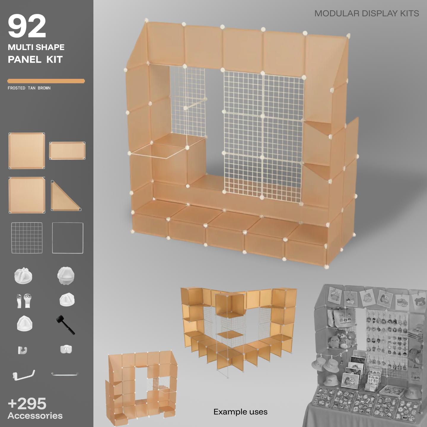 Artistbooths Frosted Tan Brown 92-panel modular booth assembled, with example display layouts
