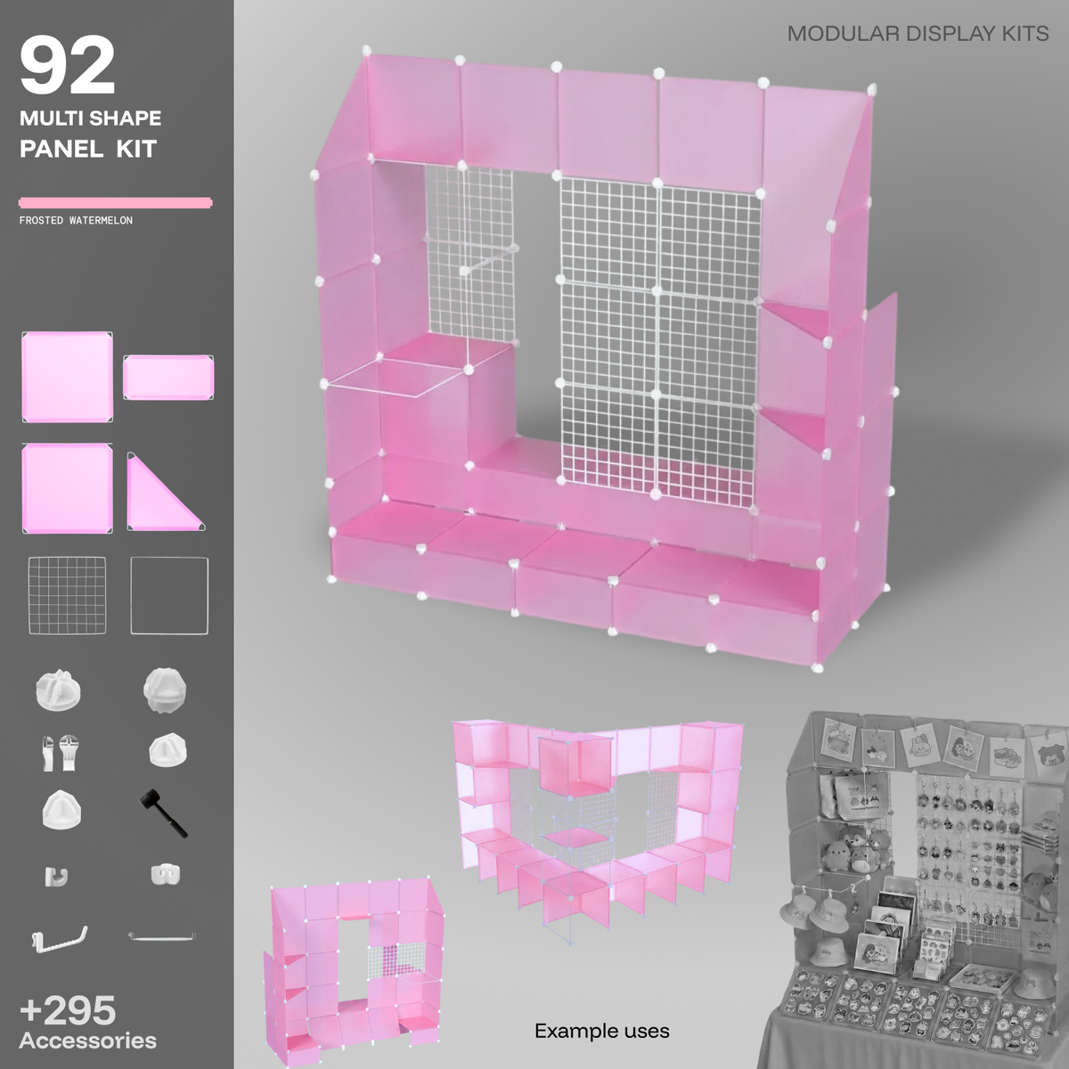 Artistbooths Frosted Watermelon Pink 92-panel modular booth assembled, with example display layouts