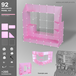 Artistbooths Frosted Watermelon Pink 92-panel modular booth assembled, with example display layouts