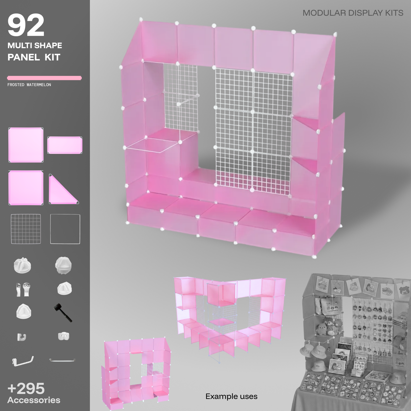 Artistbooths Frosted Watermelon Pink 92-panel modular booth assembled, with example display layouts
