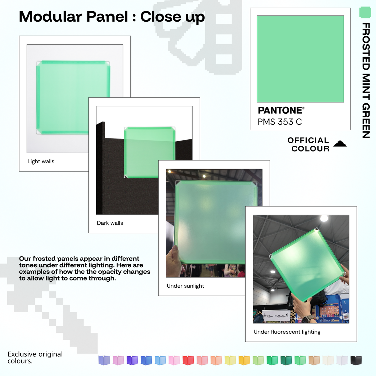 Artistbooths Frosted Mint Green panel close-ups showing frosted opacity under different lighting