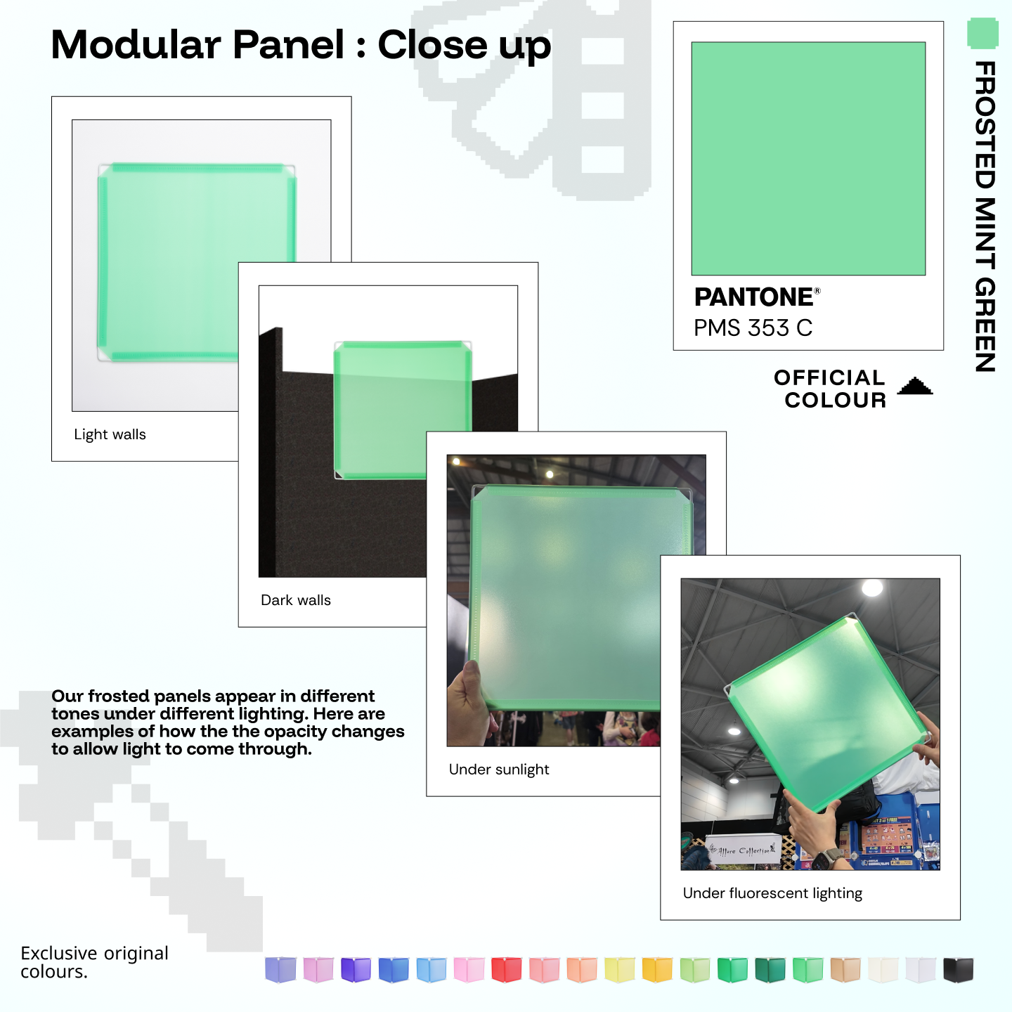 Artistbooths Frosted Mint Green panel close-ups showing frosted opacity under different lighting (Pantone 353 C)
