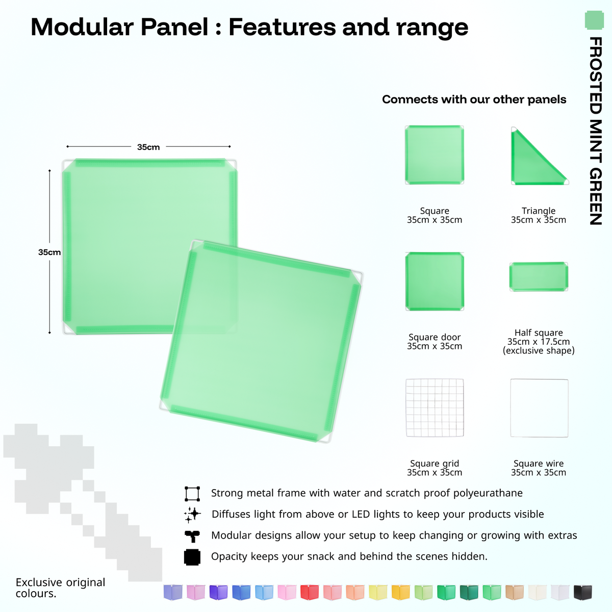 Artistbooths Frosted Mint Green panel shape range chart with square, triangle, half-square, door, grid and wire panels (35cm)