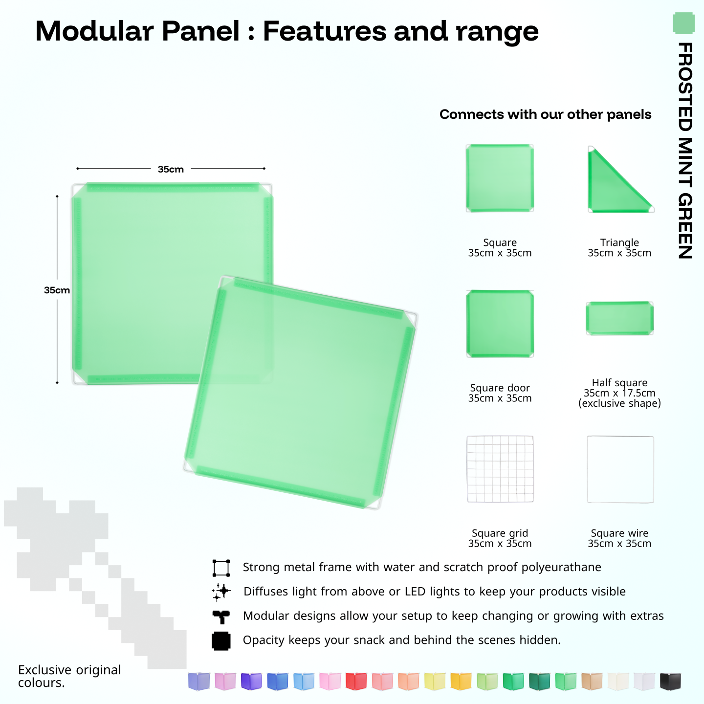 Artistbooths Frosted Mint Green panel shape range chart with square, triangle, half-square, door, grid and wire panels (35cm)