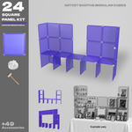 Artistbooths Frosted Indigo Purple modular square-panel booth assembled on a table, with example display layouts