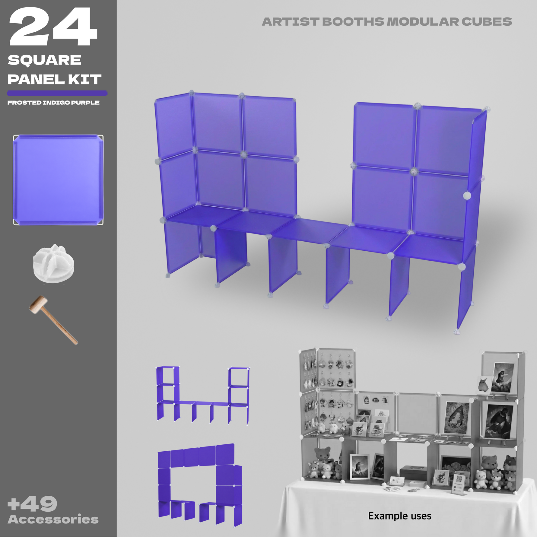 Artistbooths Frosted Indigo Purple modular square-panel booth assembled on a table, with example display layouts