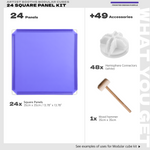 Artistbooths modular square-panel kit contents in Frosted Indigo Purple with frosted panels plus white connectors and mallet
