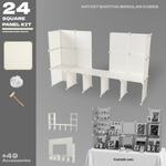 Artistbooths Frosted Ivory White modular cube panel kit assembled into a display, with example uses