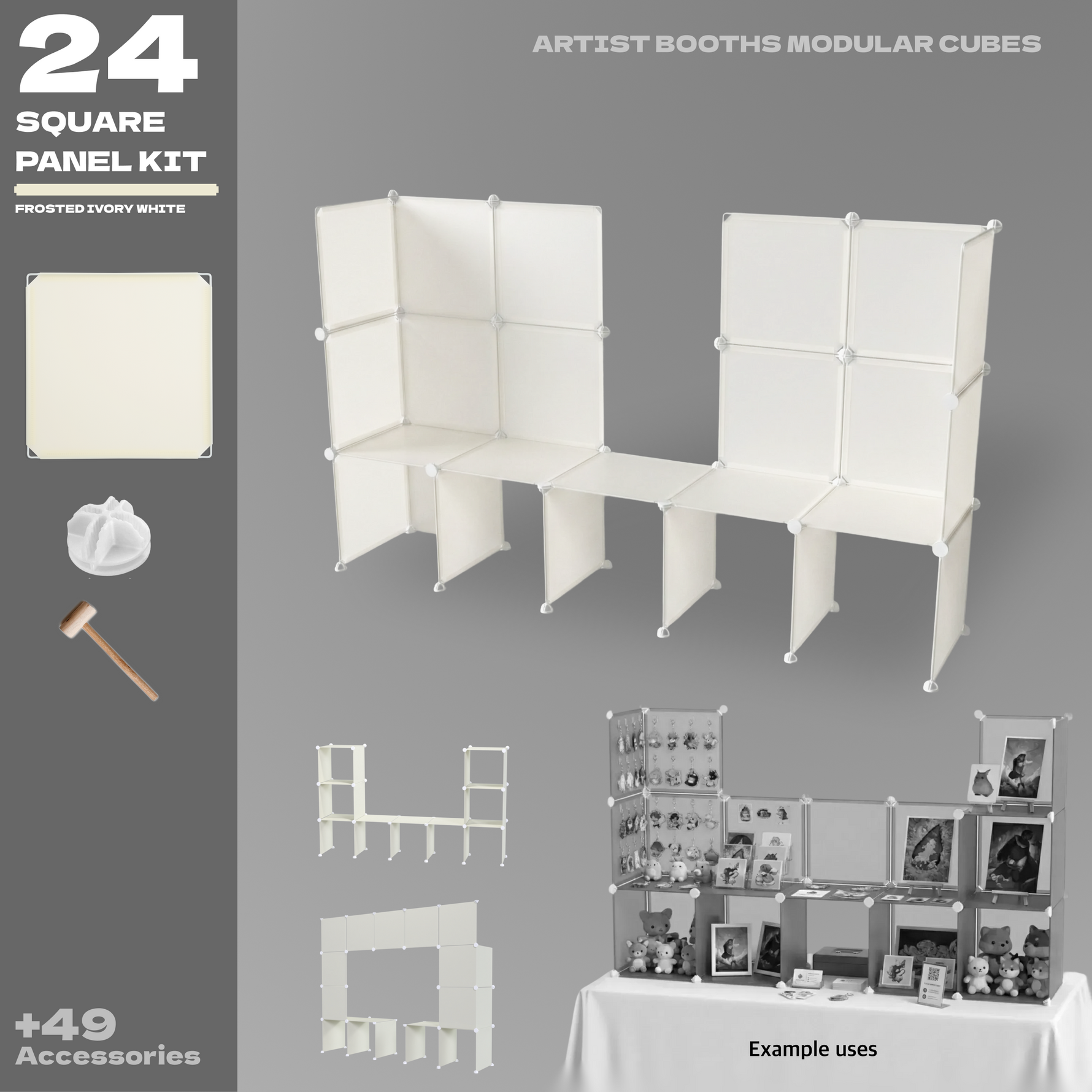 Artistbooths Frosted Ivory White modular cube panel kit assembled into a display, with example uses