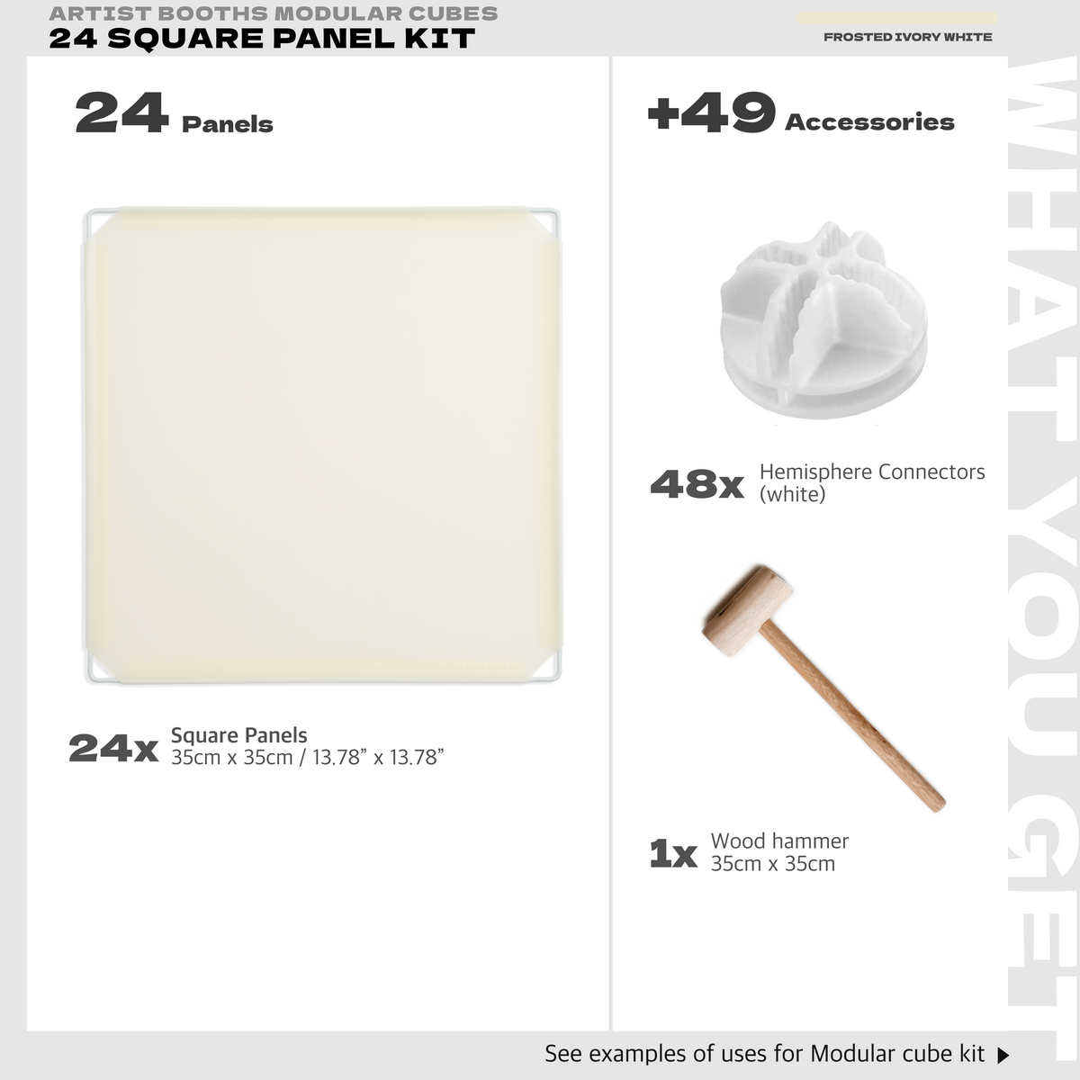 Artistbooths Frosted Ivory White modular cube kit contents with square panels plus connectors and wood hammer