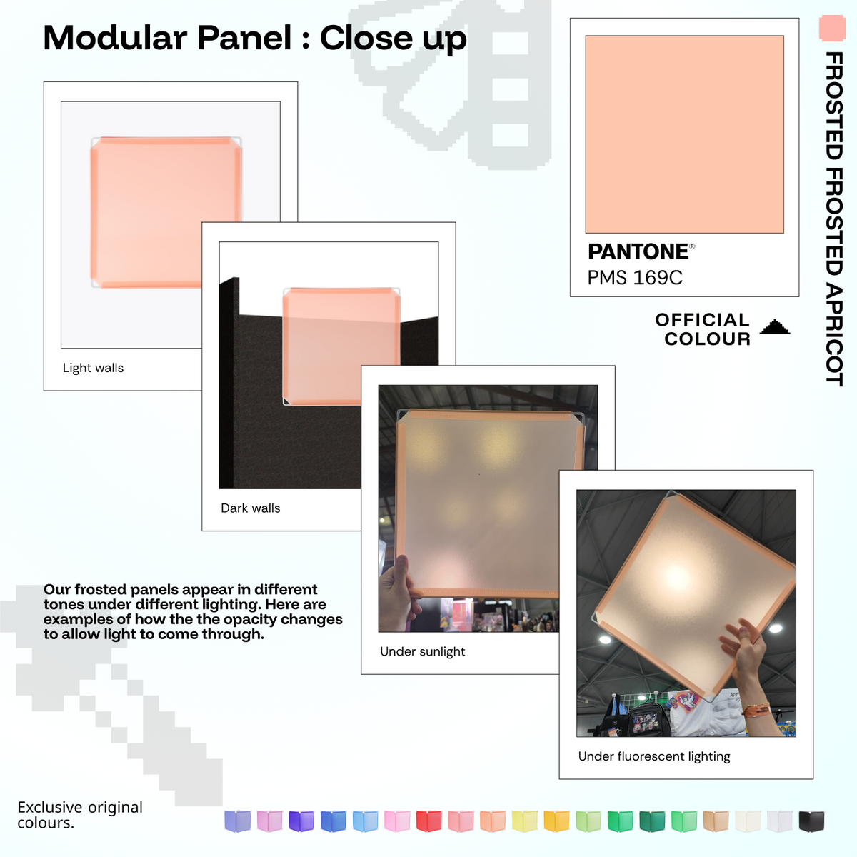 Artistbooths Frosted Apricot panel close-ups showing frosted opacity under different lighting (Pantone 169 C)