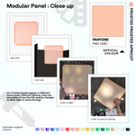 Artistbooths Frosted Apricot panel close-ups showing frosted opacity under different lighting (Pantone 169 C)