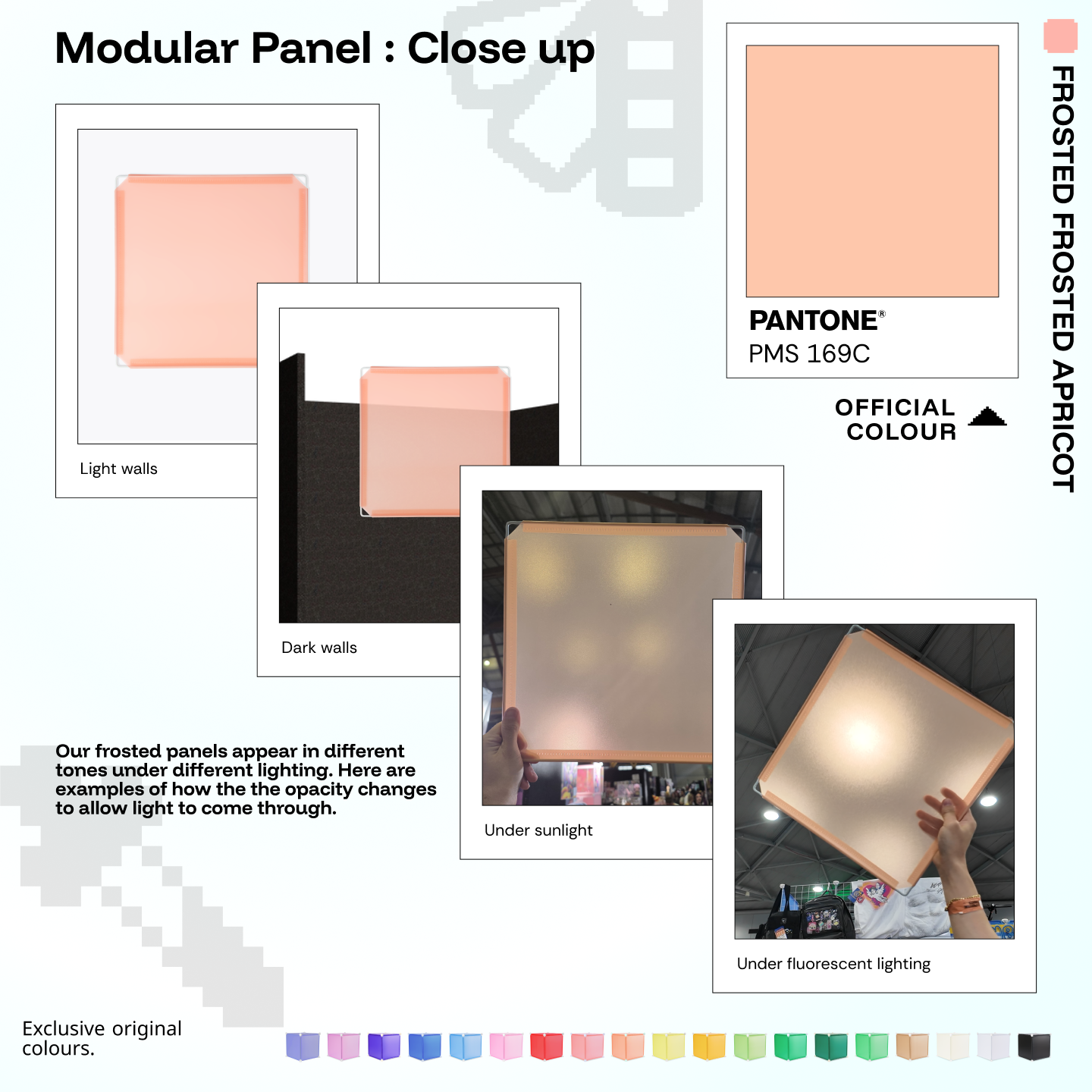Artistbooths Frosted Apricot panel close-ups showing frosted opacity under different lighting (Pantone 169 C)