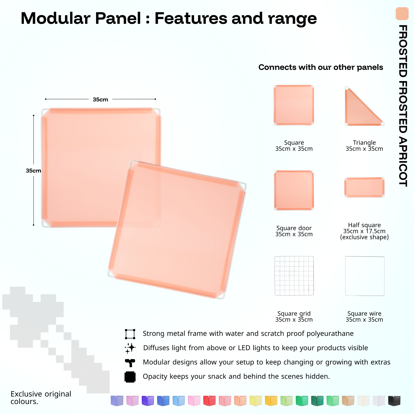 Artistbooths Frosted Apricot panel shape range chart with square, triangle, half-square, door, grid and wire panels (35cm)
