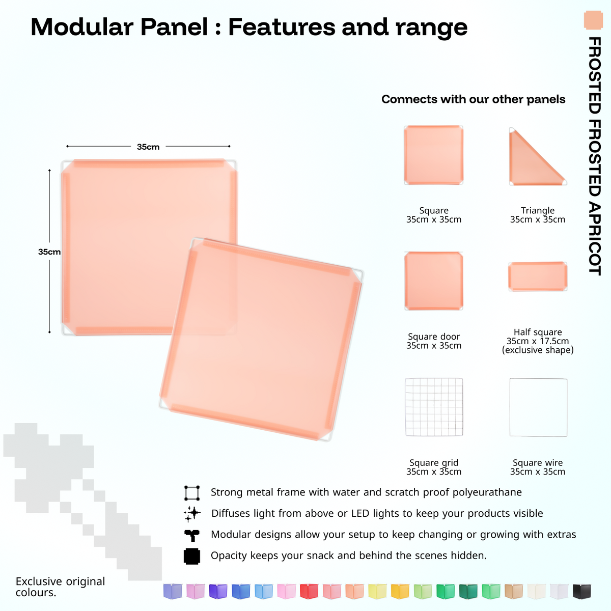 Artistbooths Frosted Apricot panel shape range chart with square, triangle, half-square, door, grid and wire panels (35cm)