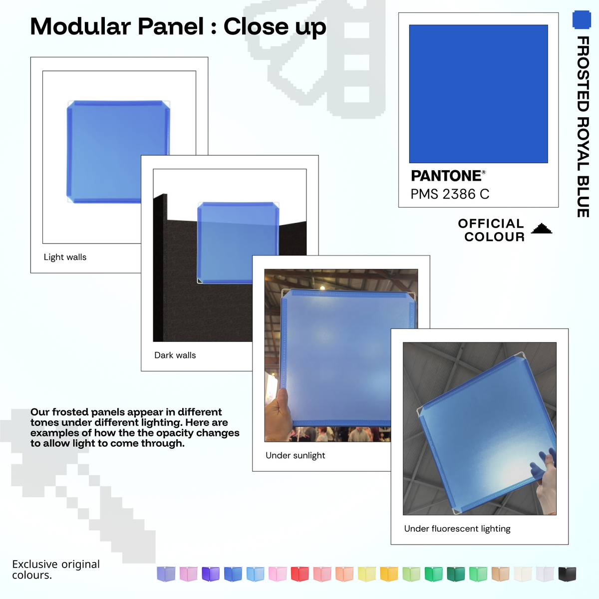 Artistbooths Frosted Cobalt Blue panel close-ups showing frosted opacity under different lighting